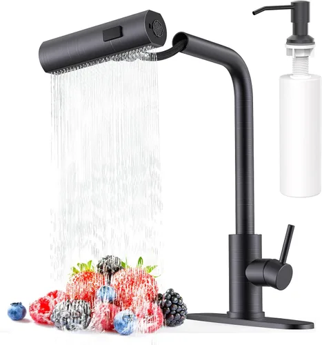 Vista 15 de AVSIILE Grifos de cocina en cascada de color negro mate con rociador desplegable y dispensador de jabón, un solo orificio y mango, grifo extraíble