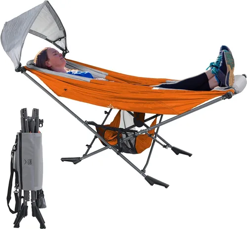 Vista 11 de Hamaca portátil con soporte, la mejor hamaca Mock ONE® del mundo, hamaca plegable compacta enmarcada con toldo ajustable para parque, patio trasero