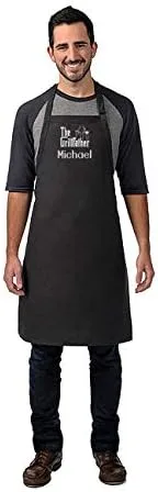 Vista 3 de HE APRONPLACE Delantal personalizado para adultos, para papá, hombres y mujeres, diseño bordado de Grillfather personalizable con 2 bolsillos, Negro
