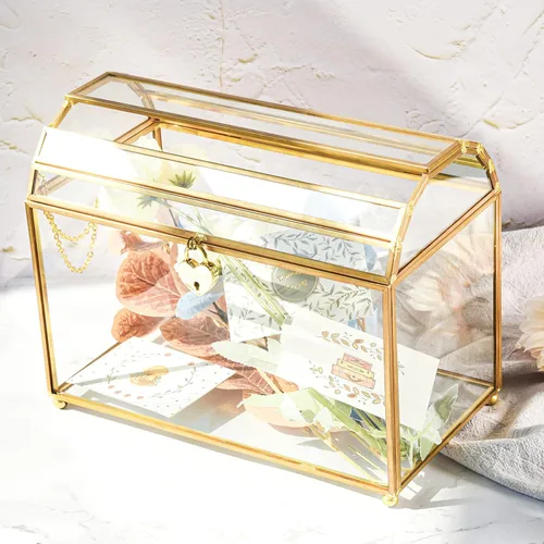 Vista 6 de Caja para tarjetas de regalo de boda con cerradura y ranura, caja de cristal dorado para boleta, donación, rifa/recepción, cerradura de seguridad