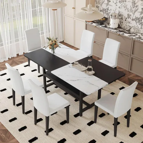 Vista 29 de Juego de mesa de comedor de 71 pulgadas para 6 personas con estante de almacenamiento, juego de mesa de comedor rectangular industrial moderna