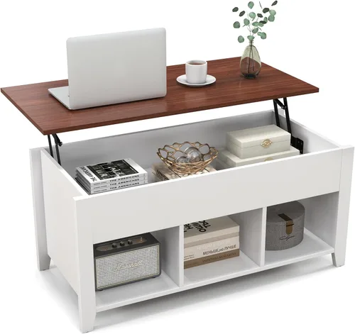 Vista 10 de Giantex Mesa auxiliar elevable, mesa rectangular de madera con compartimento oculto y estantes de almacenamiento abiertos, mesa central moderna