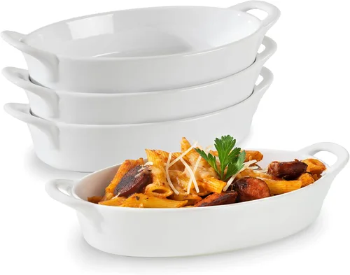 Vista 7 de Fuentes ovaladas para gratinar aptas para horno y microondas para cocinar y hornear, juego de 4 piezas, cerámica resistente al calor con asas