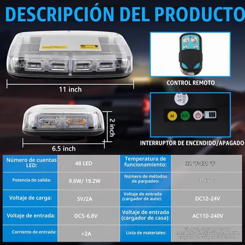 Vista 2 de Luz estroboscópica magnética de 48 LED, control remoto inalámbrico recargable, 17 modos de luz de baliza de techo, luces de seguridad