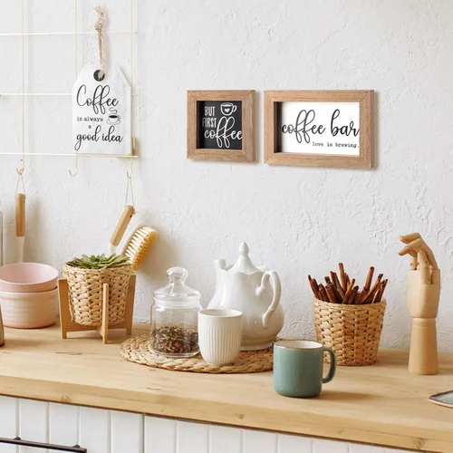 Vista 3 de 3 piezas de letrero decorativo para barra de café, letrero de madera "But First Coffee", mini letrero de granja rústica para pared, placa de arte