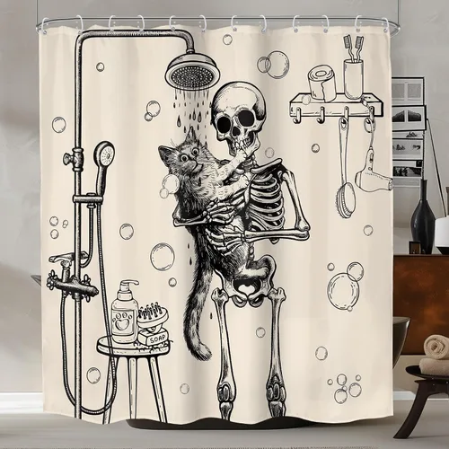 Vista 15 de Cortina de ducha con diseño de calavera de neón de 60 pulgadas de ancho x 72 pulgadas de alto, esqueleto gótico, espeluznante, único hueso fresco