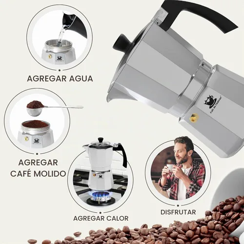 Vista 5 de Cafe Du Chateau Moka Pot Espresso Maker - Hace 6 tazas de espresso - Percolador de café con cuchara medidora de clip - Cafetera cubana e italiana