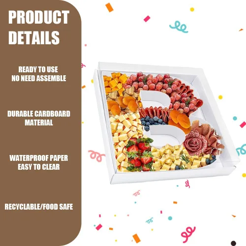 Vista 4 de Bandeja de papel rellenable de 12.5 pulgadas con números y letras de cartón, tablero de charcutería, bandeja para cupcakes dulces, caja decorativa