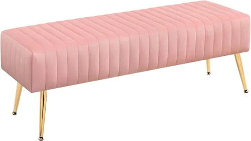 Vista 10 de Furniliving Banco de 44 Pulgadas para Dormitorio, Bancos Otomanos Tapizados con Tela Rayada y Tufting con Patas de Metal en Forma de X para Sala