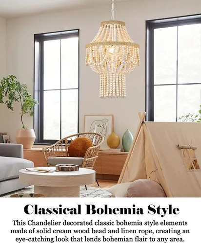 Vista 14 de ELYONA Candelabro grande de madera de abedul con cuentas de 3 luces, 16 pulgadas, estilo bohemio, estilo granja, luz colgante rústica, lámpara