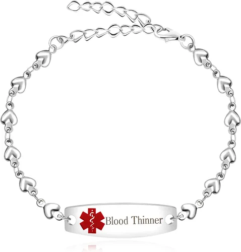 Vista 17 de Pulsera de símbolo médico de plata grabada con láser, alerta de salud grabada en forma de corazón, adecuada para primeros auxilios de emergencia