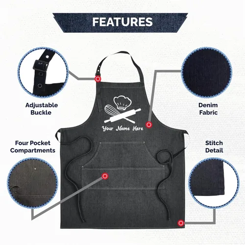 Vista 2 de Delantales para hornear para mujeres y hombres - Delantal de cocina de mezclilla personalizado con bolsillos - Regalos personalizados para hornear