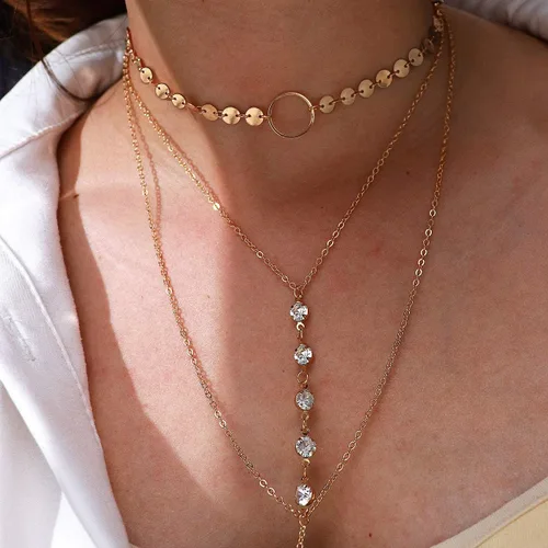 Vista 3 de Suyi - Collar de lentejuelas con cadena fina, cadena larga y dije en capas, para mujeres y niñas
