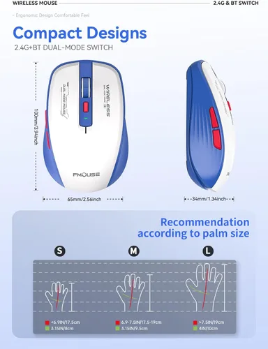 Vista 3 de Ratón inalámbrico azul blanco, Bluetooth de doble modo y 2.4G, botones laterales Receptores USB-A y USB-C Clic silencioso DPI de 4 niveles