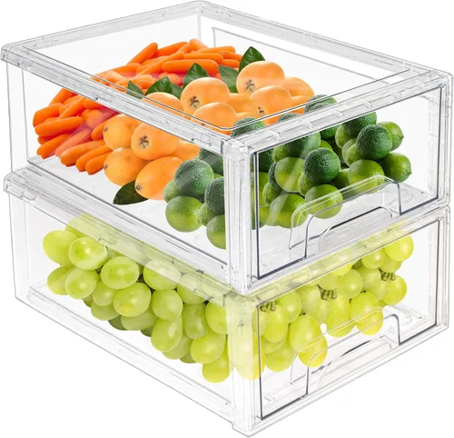 Vista 9 de Paquete de 2 cajones apilables para refrigerador, contenedores extraíbles transparentes, organizador de cajón para refrigerador, contenedores