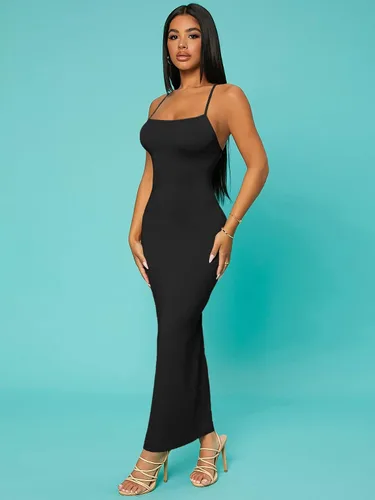 Vista 4 de Verdusa Vestido largo ajustado con tirantes delgados y espalda cruzada para mujer