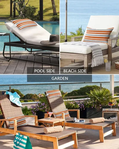 Vista 6 de T&H XHome Almohada de exterior para tumbona, diseño geométrico simple de rayas, impermeable, almohada lumbar con correa elástica ajustable