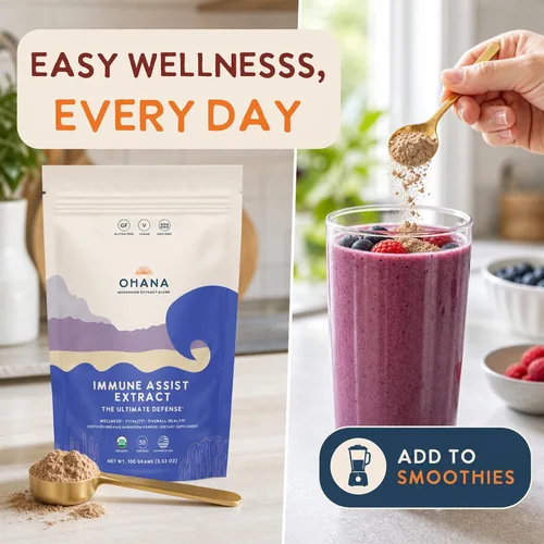 Vista 17 de Ohana Immune Assist Blend, polvo orgánico de hongos integrales USDA, mezcla de 8 hongos cultivados en Estados Unidos, ideal para energía, inmunidad