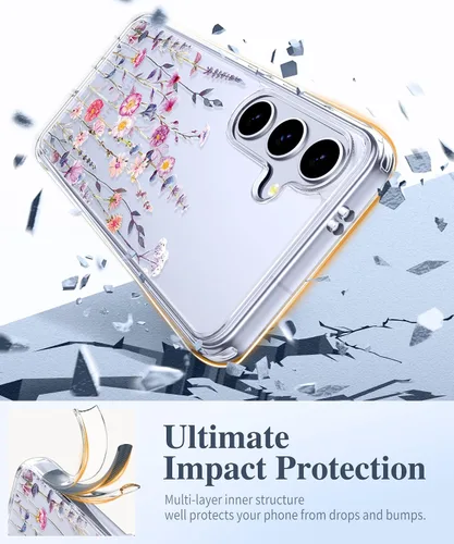 Vista 4 de GVIEWIN Funda protectora para Samsung Galaxy S25, transparente floral, delgada, a prueba de golpes, para mujer, no se pone amarilla, con protector