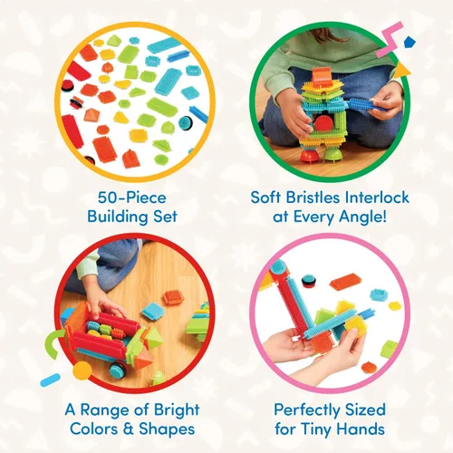 Vista 3 de Juego de bloques Battat Bristle Blocks de 113 piezas Interlocking blocks in bright colors and shapes with wheels for movable builds and easy