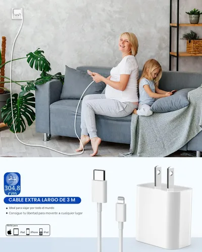 Vista 7 de Cargador rápido para iPhone, cargador extra largo para iPhone, carga rápida, 10 pies, paquete de 2 cargadores de teléfono i de 10 pies, adaptador