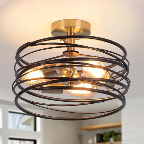 Vista 10 de Lámpara de techo de 3 luces rústica en forma de tambor, lámpara colgante semiempotrada negra, candelabros de granja retro de metal tipo jaula