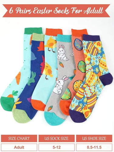 Vista 5 de Jenaai 6 pares de calcetines de Pascua para adultos, calcetines estampados novedosos con diseño de conejo, zanahoria, huevo, pollito para regalo