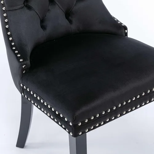 Vista 6 de Silla de comedor tapizada de terciopelo con respaldo copetudo y patas de madera, silla auxiliar moderna decoración de remaches, para comedor Negro