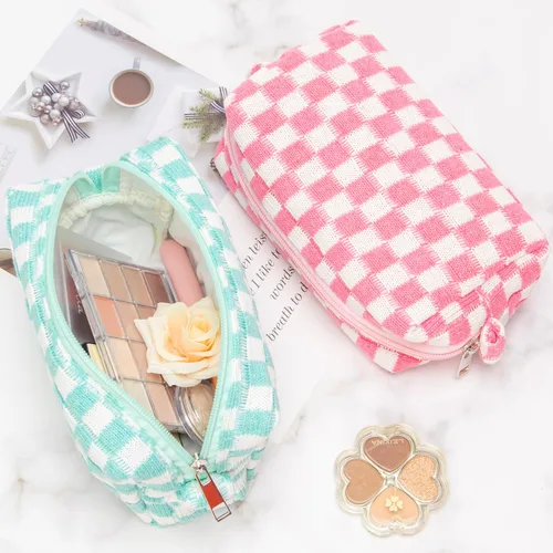 Vista 2 de PAZIMIIK Bolsa de Maquillaje a Cuadros para Bolso Portátil con Cremallera, Estuche Pequeño de Cosméticos para Accesorios de Viaje, Azul Ártico