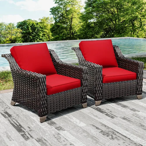Vista 6 de Joyside Juego de 2 sillas de mimbre para patio, muebles de ratán para exteriores con reposabrazos anchos y cojines gruesos, tamaño grande mejorado