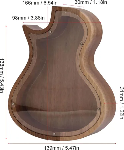 Vista 3 de Alcancía con forma de guitarra, madera maciza para decoración del hogar, vista clara, ideal para guardar regalos para el hogar