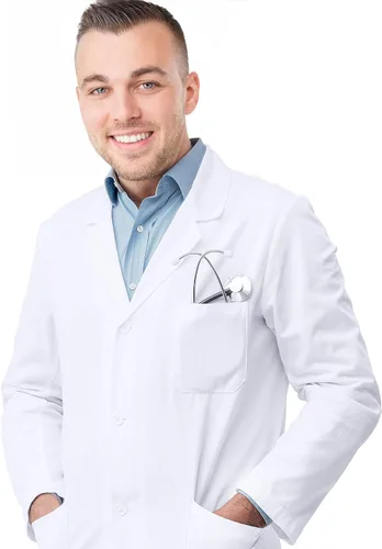 Vista 3 de NY Threads Abrigo de laboratorio profesional para hombres, abrigo médico largo de polialgodón de manga completa
