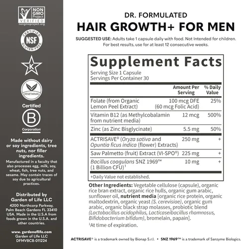 Vista 5 de Garden of Life Dr. Formulated - Cápsulas para el crecimiento del cabello para hombres – Saw Palmetto, arroz negro y tuna – Suplemento