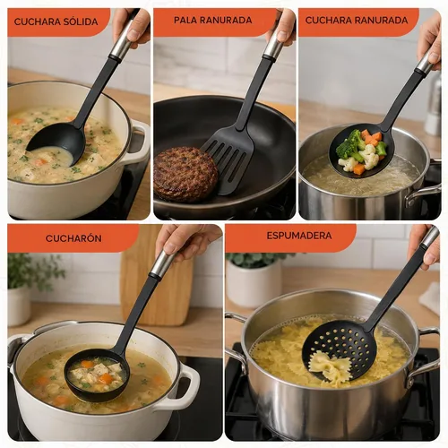 Vista 3 de Farberware Juego de herramientas de cocina de acero inoxidable - Negro, juego de 5 Negro/Plateado