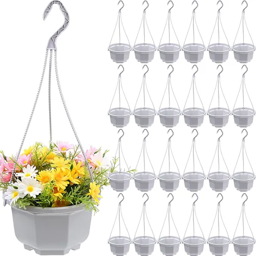 Vista 14 de Roshtia Macetas colgantes de plástico con gancho, 24 unidades, macetas colgantes para guardería, soporte para plantas interiores y exteriores Marrón