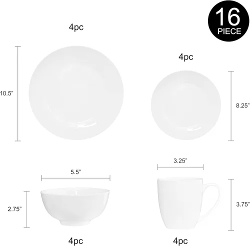 Vista 3 de Bone China - Juego de vajilla de 16 piezas, servicio para 4, blanco, apto para microondas, apto para lavavajillas, resistente a las astillas