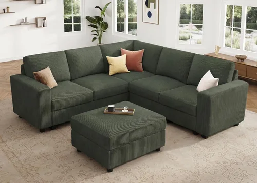 Vista 9 de HONBAY Sofá modular de pana con almacenamiento, sofá en forma de U con diván, sofá modular de 7 plazas para sala de estar, color beige