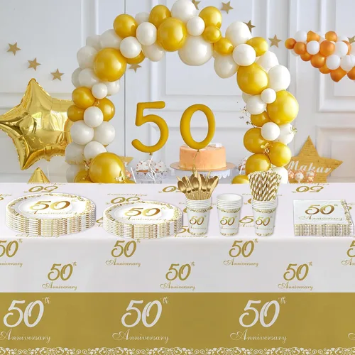 Vista 5 de APOWBLS Decoraciones y suministros para el 50 aniversario – Decoración dorada del 50 aniversario de boda, suministros para fiesta, plato de papel