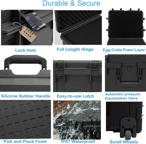 Vista 6 de Regetek Funda rígida impermeable de 38 x 29 x 11 pulgadas, funda rígida con ruedas, espuma personalizable, 3 asas grandes, para cámaras, equipos