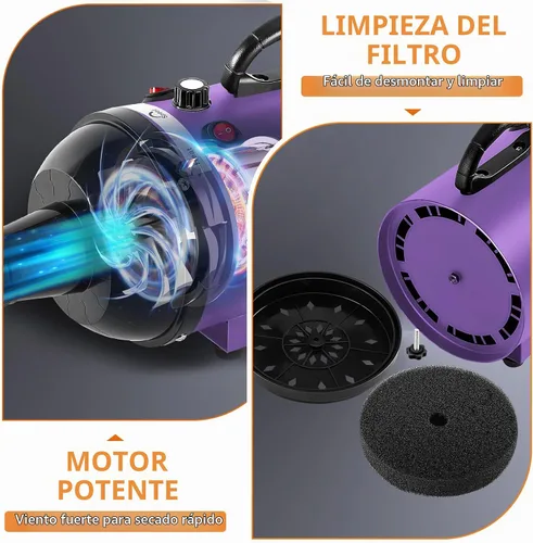 Vista 5 de NESTROAD - Secador de pelo para perros para peluquería de mascotas, 4.3HP Púrpura