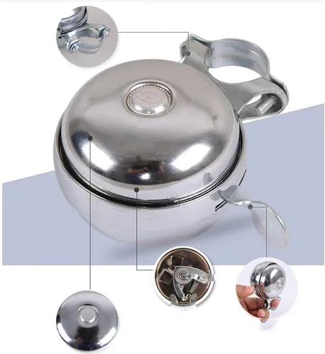 Vista 5 de Cool Chrome Rotary Metal de doble cara Clásico Vintage Bike Bell Road Mountain Triciclo Retro Bicicleta Manillar Bell Seguridad Ciclismo Anillo