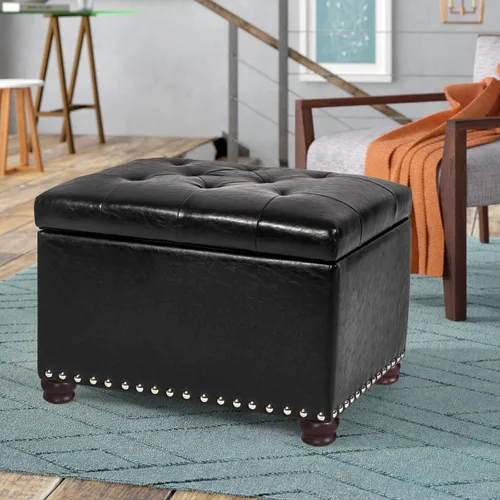 Vista 6 de Otomana de cuero con almacenamiento, 24 pulgadas, reposapiés otomanos con tapa con bisagras, taburetes tapizados rectangulares, con cabeza de clavo
