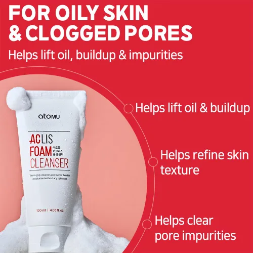 Vista 2 de ATOMU Oil Control Limpiador facial espumoso para piel grasa y poros obstruidos, lavado facial de limpieza profunda con ácido salicílico (BHA), 4.05