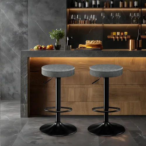 Vista 8 de STOOLINK Juego de 2 taburetes de bar ajustables sin respaldo de cocina con asiento redondo, taburetes de bar giratorios de 360° de altura de Gris