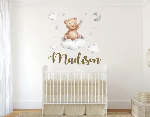 Vista 4 de Calcomanía de pared de oso de peluche con nombre personalizado, luna, estrellas, nubes, acuarela, decoración de habitación de bebé para niños