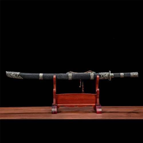 Vista 2 de Yulong Ming Dao, sable chino tradicional de 38.98 pulgadas con hoja de acero revestido, accesorios de bronce blanco y vaina cubierta de piel