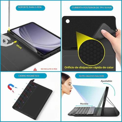 Vista 4 de DETUOSI Funda con teclado retroiluminado para Samsung Galaxy Tab A9 8.7 pulgadas SM-X110 WiFi 2023 Android Tablet con S Pen Holder TPU suave a