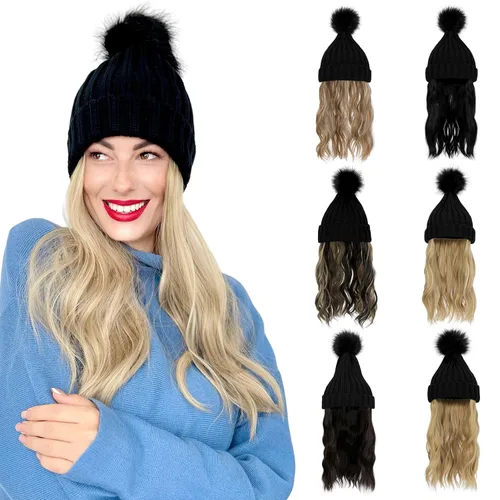 Vista 7 de Gorro para mujer con pelo adjunto, gorro de punto cálido con pompón unido de 14 pulgadas de largo, ondulado, extensiones de cabello rizado, postizo