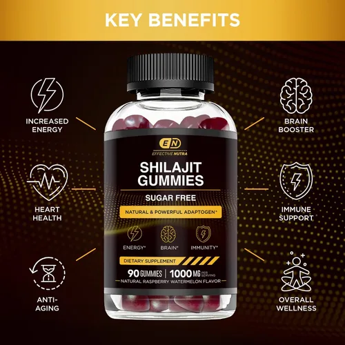 Vista 2 de Effective Nutra Gomitas Shilajit de 1000 mg Resina pura Shilajit para energía, cerebro e inmunidad Suplemento para hombres y mujeres Sin