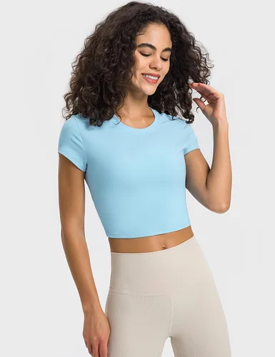 Vista 7 de ZHENWEI Camisetas de entrenamiento de manga corta para mujer, camisetas deportivas acanaladas con cuello redondo, camisetas atléticas para gimnasio